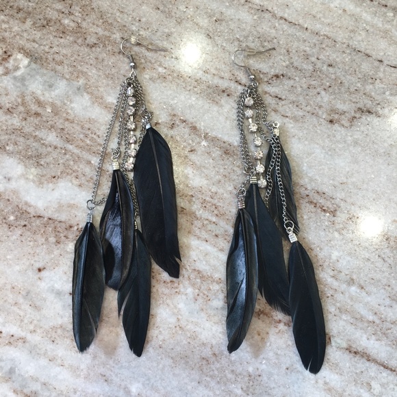Jewelry - Black Feather Rhinestone Dangly Earrings